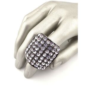 Rhinestone Cocktail Ring Rectangle Gunmetal Stretch Band Glam Statement Party